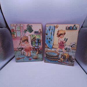 (2) ORIGINAL MIDCENTURY LIDDLE GREGOR PRESSED BOARD PLAQUES BOY/DOG/BATH SIGNED